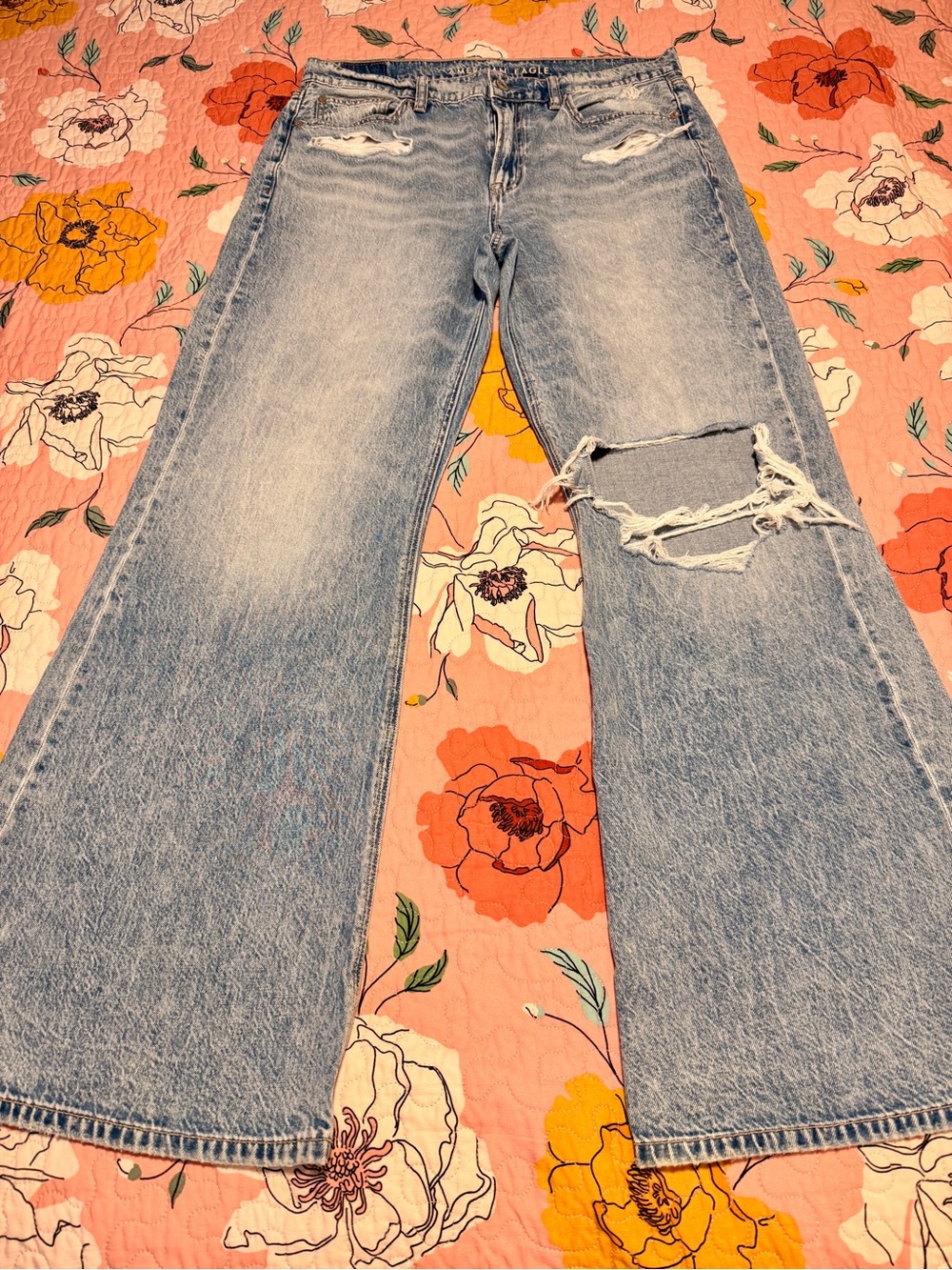 American Eagle Low-Rise Baggy Flare Distressed Jeans Size 8